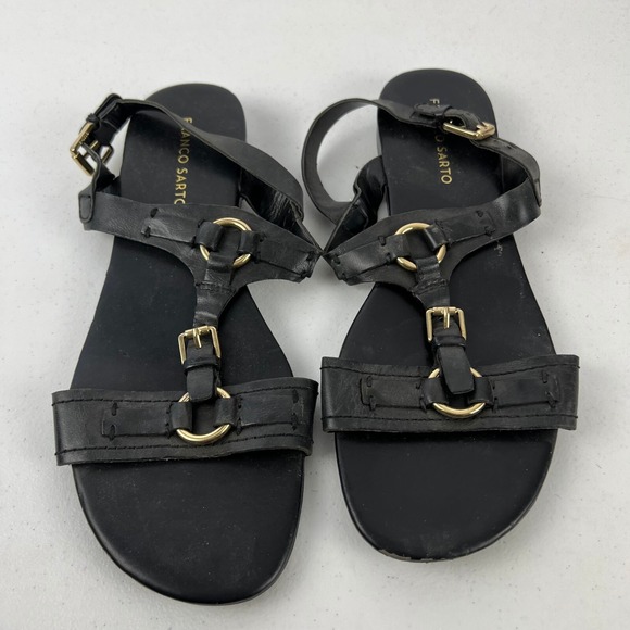 Franco Sarto Strappy Sandals Womens 10M Black‎ Leather Flat Heel Buckle Vacation - Picture 4 of 16